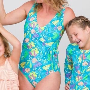 Ruffle Butts Women's Wrap One Piece Swimsuit Neon Tiki Vibes Tropical Leaves XL